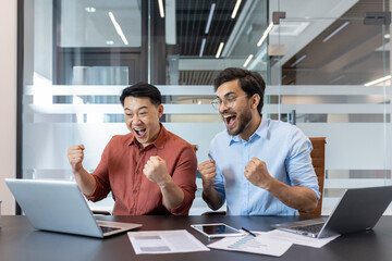 Poster - Two enthusiastic professionals celebrate a victory while working together in office. Their expressions convey excitement and teamwork, making it a dynamic and uplifting moment.