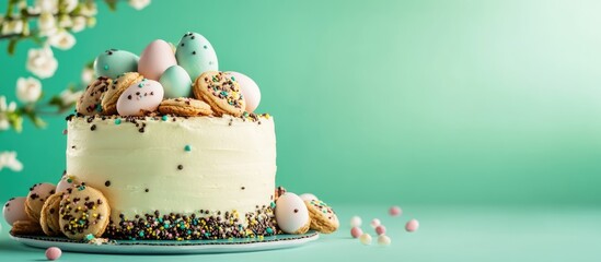 Easter themed cake decorated with colorful cookies and painted eggs on a serene green backdrop showcasing festive celebration vibes