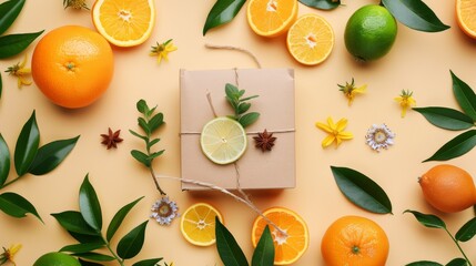 Wall Mural - Citrus fruits and flowers arranged on a pastel background