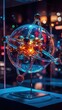 © Tuachan - Artistic Representation of an Atom Model Featuring Colorful Electrons, Glass Structure, and Soft Lighting in a Contemporary Exhibit Space