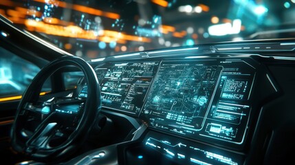Fototapete - Futuristic vehicle dashboard with advanced technology and digital displays.