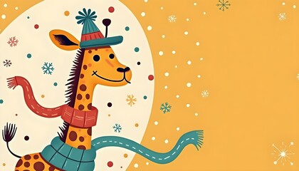 Playful giraffe with winter scarf and hat on festive Christmas background