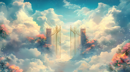 Wall Mural - Gates to paradise surrounded by clouds a light background. Heavenly. Illustration