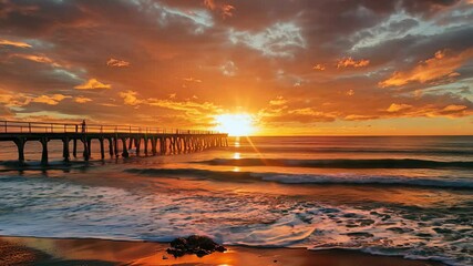 Wall Mural - Dramatic sunset over sea pier in South Australia showcasing vibrant colors and serene ocean waves, Dramatic sunset over sea pier Landmarks of South Australia, Adelaide Largs bay