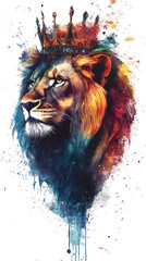 Poster - Colorful illustration of a majestic lion wearing a golden crown, with vibrant splashes of color, against a transparent background