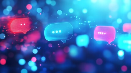 Speech bubbles and a creative Social chat hologram on a blurred blue background