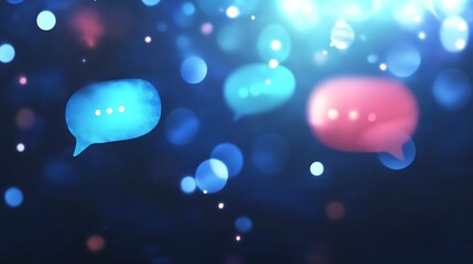 Speech bubbles and a creative Social chat hologram on a blurred blue background
