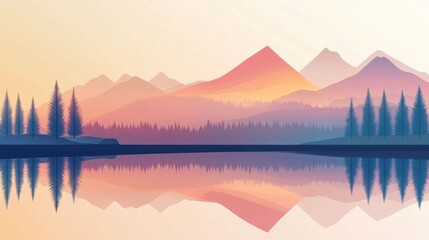 Wall Mural - Tranquil Mountain Landscape with Sunset Reflection in Serene Water