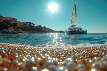 Wall Mural - A sailboat glides through calm waters, with the sun shining brightly in the background