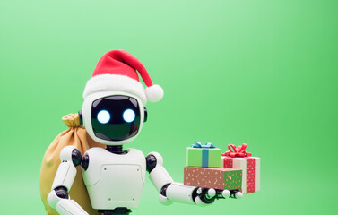 Wall Mural - a robot in a Santa Claus hat with a bag of gifts on a green background