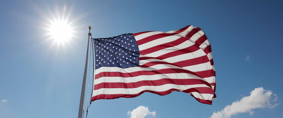 Dynamic American Flag Waving in the Wind Against a Dramatic Sunset Sky