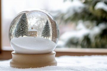 Sticker - A snow globe sits on top of a snowy ground, surrounded by winter scenery