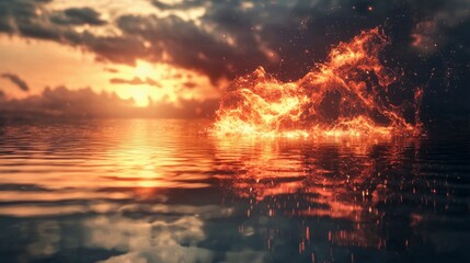 Aufkleber - Lake ignites a sudden eruption of flames at sunset nature photography serene atmosphere captivating viewpoint