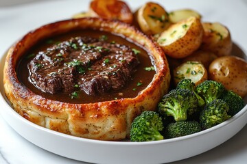 Poster - A warm bowl of hearty stew filled with potatoes and broccoli, perfect for a cozy meal