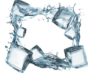Aufkleber - Ice cubes and splashing water create dynamic frame on white background, showcasing refreshing and clear nature of elements
