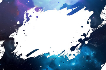 Poster - vibrant, abstract photo frame with shining galaxy theme, featuring mix of blue and purple hues, isolated on white background. design includes splattered paint effects and cosmic elements