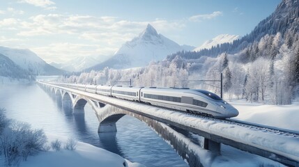 Wall Mural - A high-speed train crossing a snowy bridge, with snow piling up on the rails and the landscape blanketed in a thick white layer