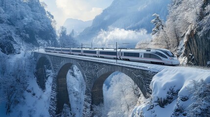 Wall Mural - A high-speed train crossing a snowy bridge, with snow piling up on the rails and the landscape blanketed in a thick white layer