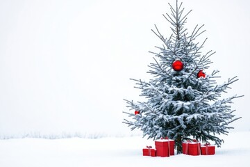 Poster - A Christmas tree decorated with red ornaments stands out against the snowy background