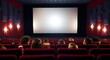 © Josh Zachary - Cinema blank wide screen and people in red chairs in the cinema hall. Blurred People silhouettes watching movie performance.