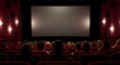 © Josh Zachary - Cinema blank wide screen and people in red chairs in the cinema hall. Blurred People silhouettes watching movie performance.