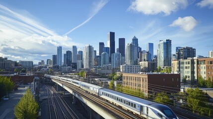 Wall Mural - A high-speed train cutting across a skyline during the day, with a mix of modern and traditional buildings surrounding the train's path