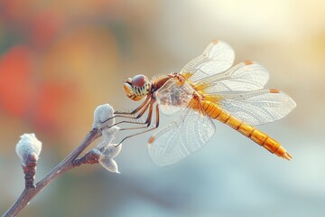 Sticker - A close-up of a dragonfly perched on a twig, showcasing its iridescent wings and delicate features