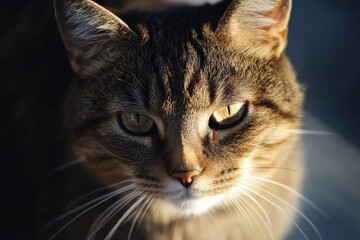 Wall Mural - A close-up shot of a cat's face, featuring bright green eyes