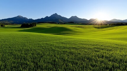 Wall Mural - Sunrise Over the Mountain Meadow: A panoramic view of a vast green meadow, bathed in the golden glow of a rising sun, with majestic mountains silhouetted against a clear blue sky.  