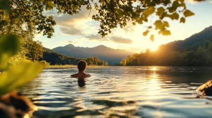 Wall Mural - Serene Sunset Reflection on Calm Waters with Mountain Backdrop