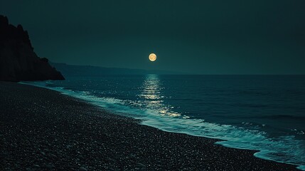 Canvas Print - Serene moonlit beach at night, waves gently lapping shore.