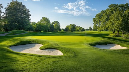 Wall Mural - A serene golf course setting, Manicured greens and bunkers artistically placed, Modern landscape style