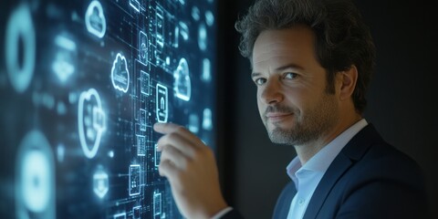 Man Interacting With A Futuristic Digital Interface