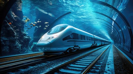 Wall Mural - A high-speed train gliding through an underwater tunnel, with fish and sea creatures moving alongside as the train races through the deep blue ocean