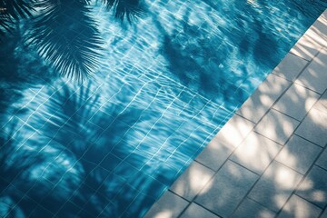 Wall Mural - Sparkling blue water reflecting shadows from palm trees in a tranquil pool setting