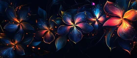 Poster - Vibrant Abstract Floral Design with Bright Colors and Smooth Shapes Creating a Lively and Enchanting Pattern on a Dark Background