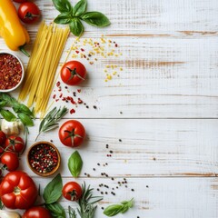 Sticker - Ingredients for a delicious pasta dish with fresh vegetables and spices displayed on wooden surface