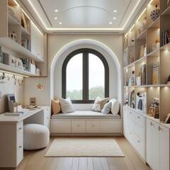 Wall Mural - Cozy home office with arched window, built-in shelves, and window seat.