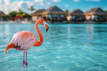 Wall Mural - Vibrant pink flamingo stands gracefully in shallow turquoise water, with a backdrop of overwater bungalows adding a touch of luxury to the tropical paradise scene