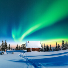 Wall Mural - Fairy winter landscape with path in the snow and wooden house under Northern lights in night sky. Christmas holiday and winter vacations concept