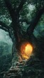 © Tuachan - Enchanted Forest Scene Featuring Glowing Hollow Tree with Misty Background and Lush Green Foliage, Inviting Pathway Leading to a Magical Realm
