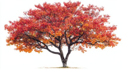 Wall Mural - Vibrant autumn tree displaying brilliant red and orange foliage against a white background in a serene landscape