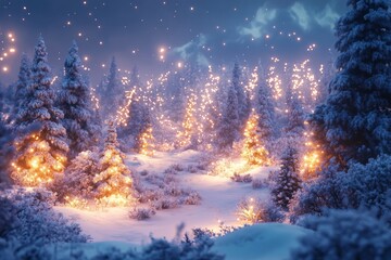 Poster - Winter wonderland with snow covered trees and a glowing Christmas tree at night