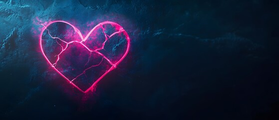 Poster - Vibrant Neon Heart Illustration with Cracked Surface Against Dark Background, Symbolizing Love, Emotion, and Connection in a Modern Digital Style