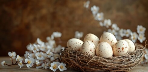 Poster - Nest with speckled eggs surrounded by delicate flowers in a rustic setting