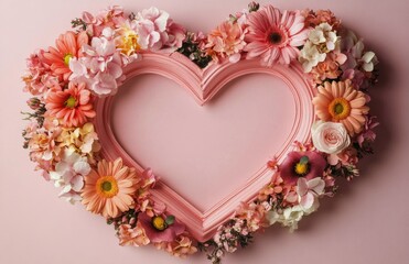 Wall Mural - Colorful floral heart arrangement on a soft pink background with vibrant blooms