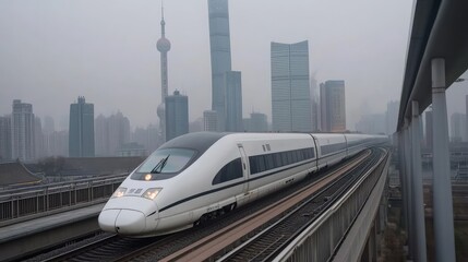 Wall Mural - A high-speed train in motion, with the skyline of a bustling metropolis visible in the background, showing skyscrapers and urban life