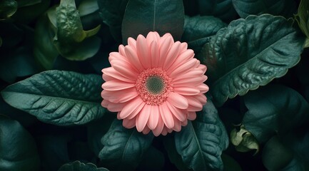 Wall Mural - Pink flower surrounded by lush green leaves in a natural setting during daylight hours