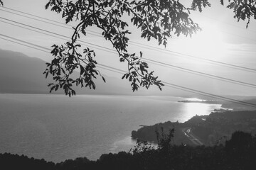 A dramatic sunset over a lake with silhouetted branches in black and white.