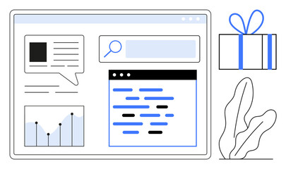 web page layout featuring a graph, text, code window, and search bar. includes a gift box and plant.